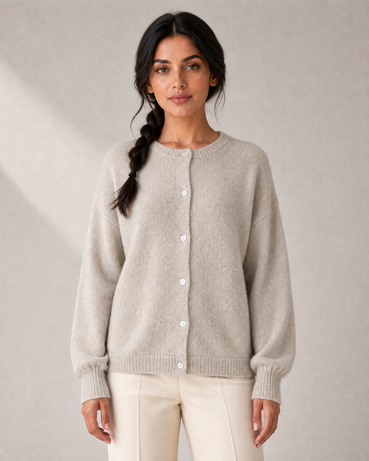 Women's Fine-Knit Crew-Neck Button Cardigan in Khaki