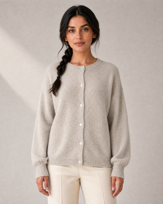 Women's Fine-Knit Crew-Neck Button Cardigan in Khaki