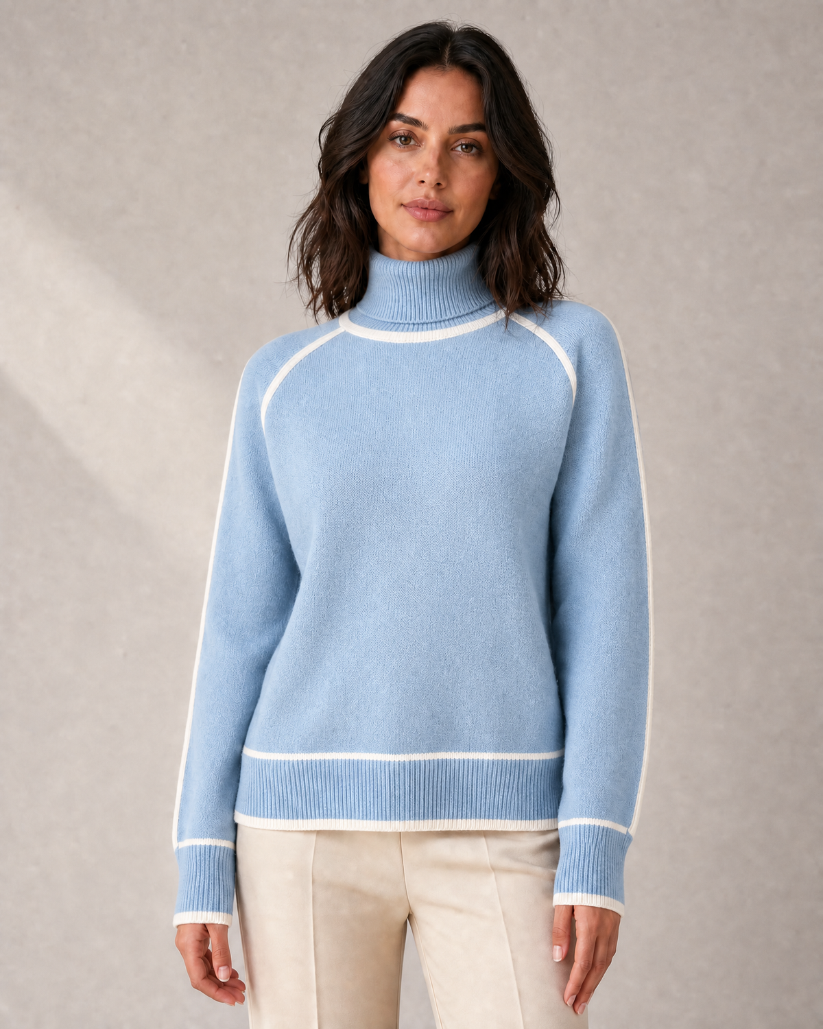 Women's Contrast-Piped Roll-Neck Knit Sweater in Light Blue