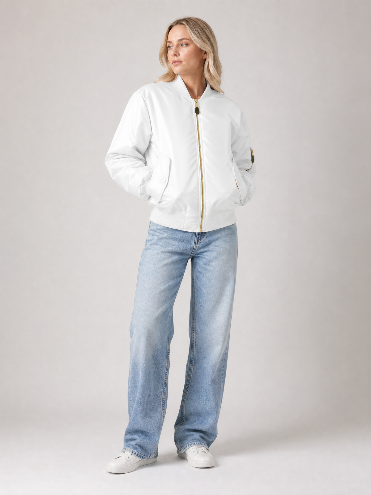 Women's Zip-Front Ribbed Bomber Jacket in White