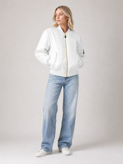 Women's Zip-Front Ribbed Bomber Jacket in White
