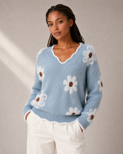 Women's Floral-Appliqué V-Neck Knit Sweater in Light Blue