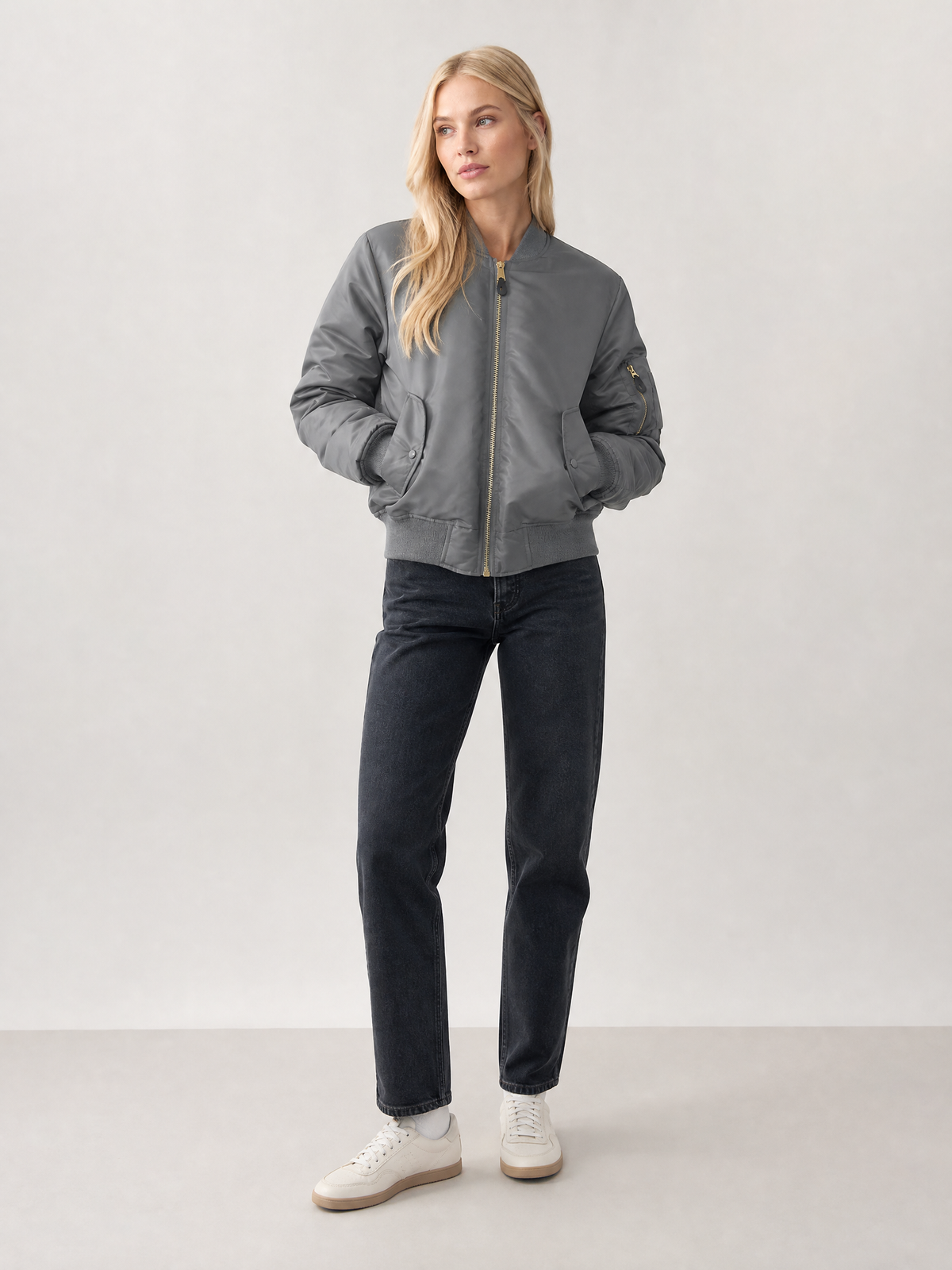Women's Zip-Front Ribbed Bomber Jacket in Gray