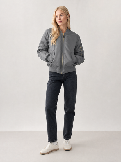 Women's Zip-Front Ribbed Bomber Jacket in Gray