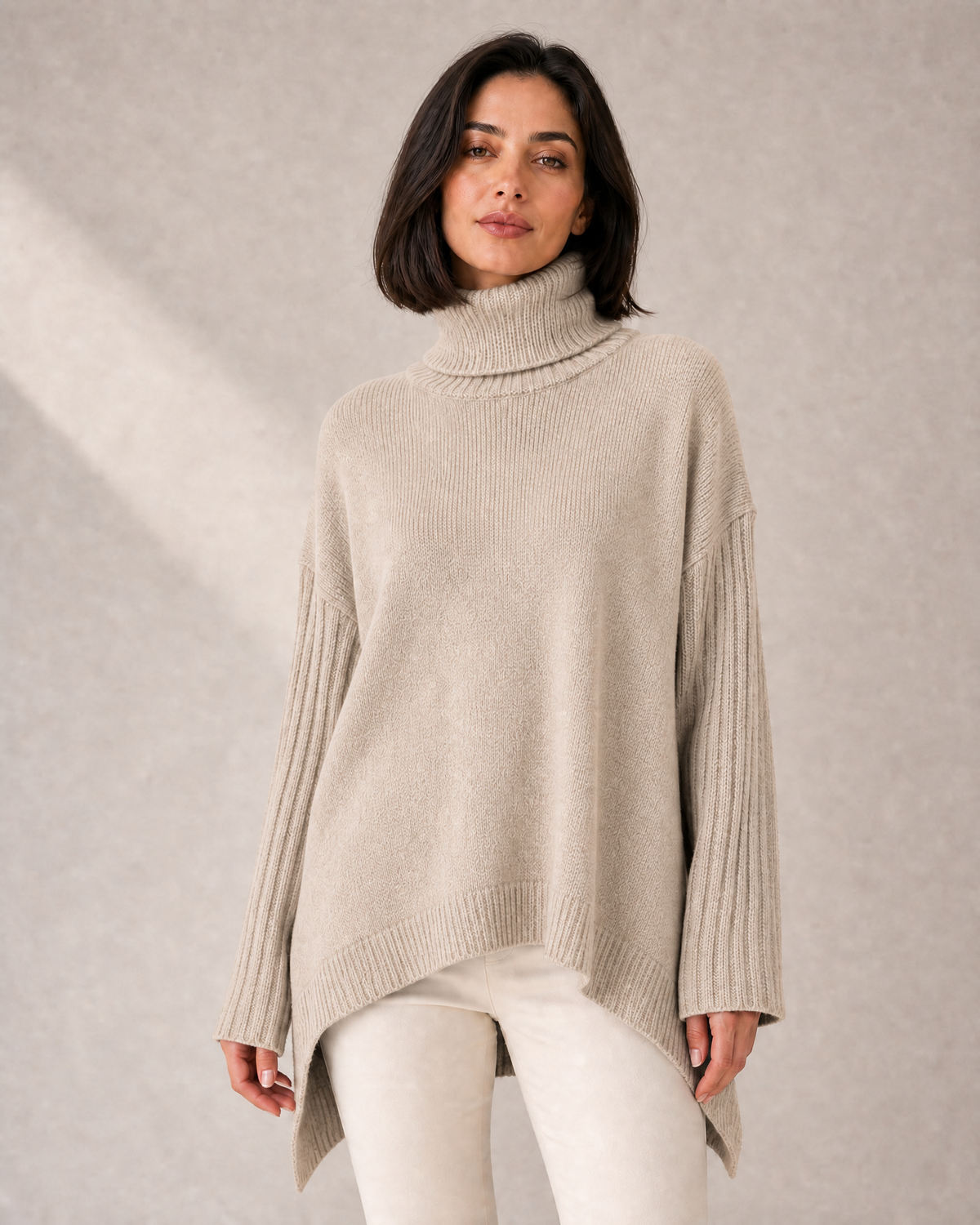 Women's High-Low Oversized Turtleneck Knit Sweater in Beige
