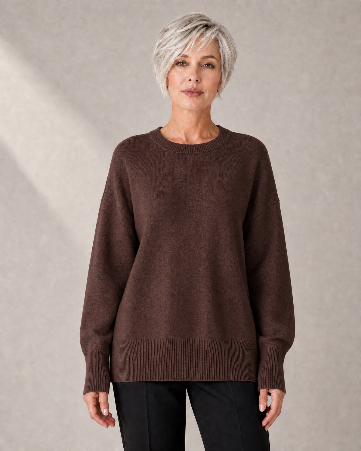 Women's Oversized Longline Crew-Neck Knit Sweater in Brown