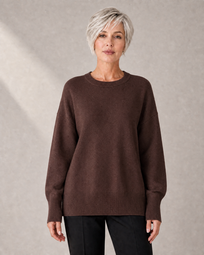 Women's Oversized Longline Crew-Neck Knit Sweater in Brown