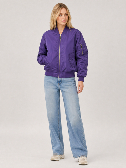 Women's Zip-Front Ribbed Bomber Jacket in Violet