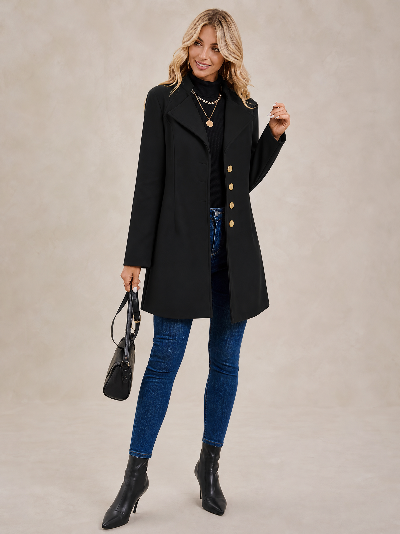 Women's Button-Front Longline Tunic Coat in Black