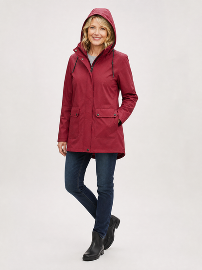 Women's Lightweight Waterproof Longline Raincoat in Wine Red