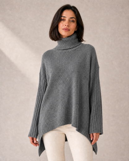 Women's High-Low Oversized Turtleneck Knit Sweater in Gray