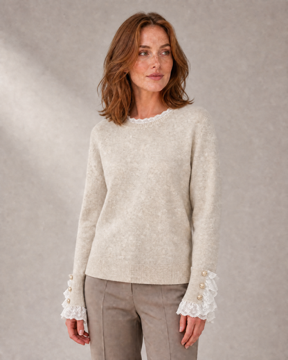 Women's Lace-Trim Crew-Neck Knit Sweater in Beige