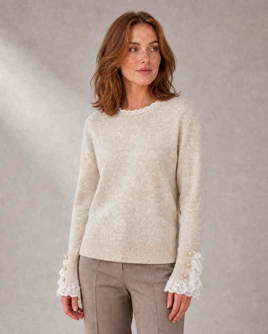 Women's Lace-Trim Crew-Neck Knit Sweater in Beige