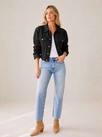 Women's Cropped Button-Front Transitional Jacket in Black