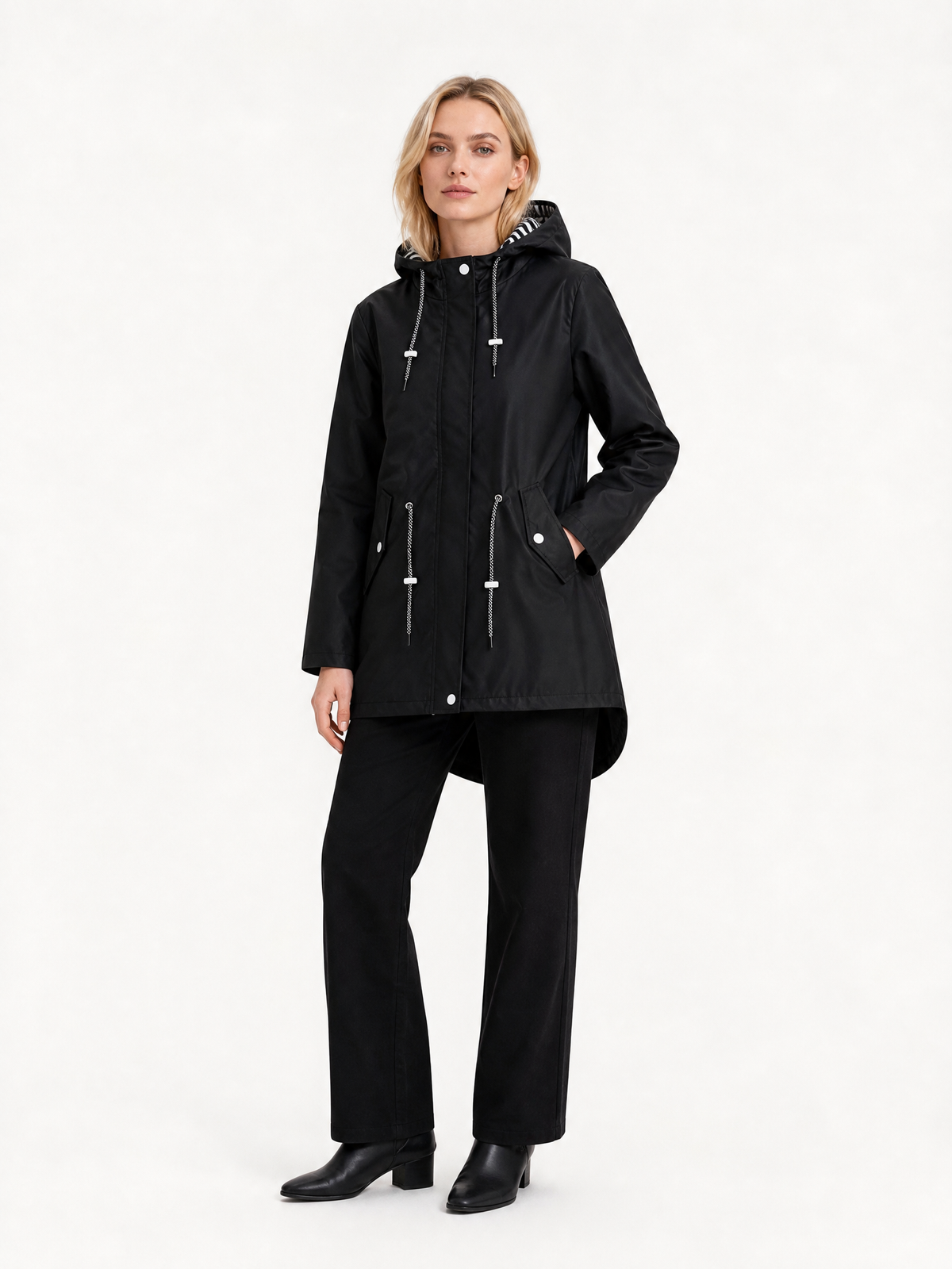 Women's Loose-Fit Hooded Fishtail Rain Coat in Black