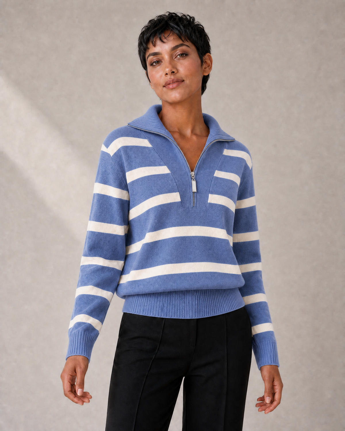 Women's Striped Half-Zip High-Collar Knit Sweater in Blue