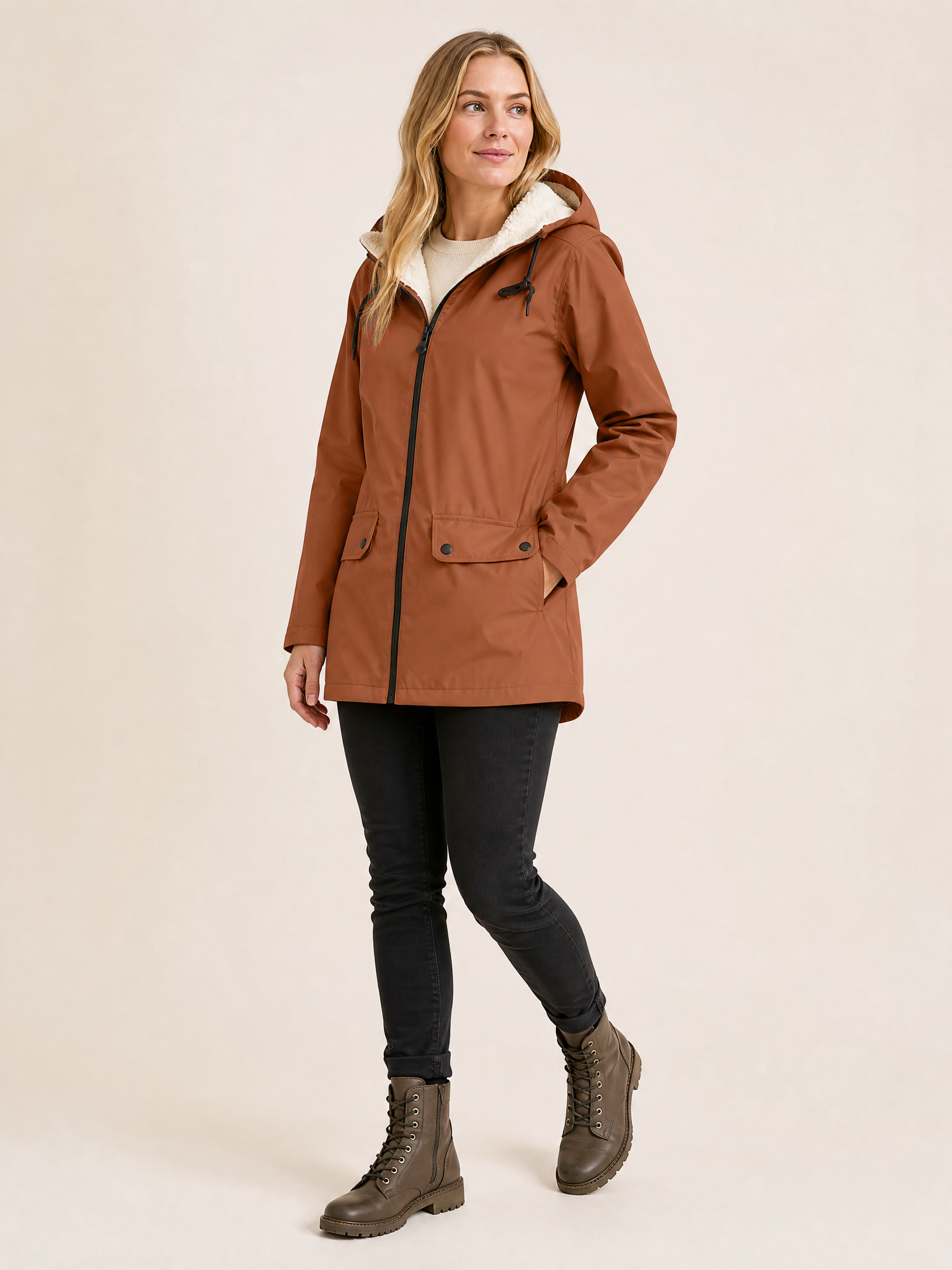 Women's Waterproof Windproof Hooded Rain Jacket in Burnt Orange