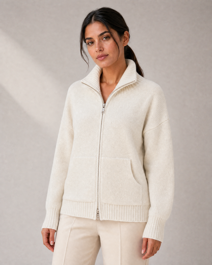 Women's Funnel-Neck Zip Knit Cardigan with Pockets in Cream