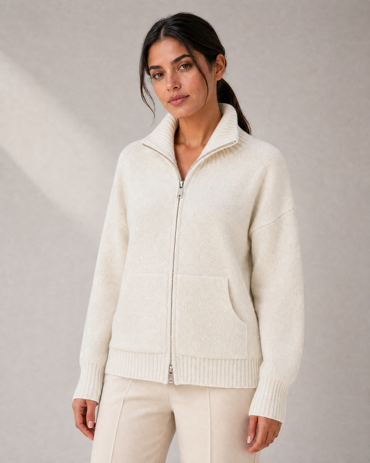 Women's Funnel-Neck Zip Knit Cardigan with Pockets in Cream