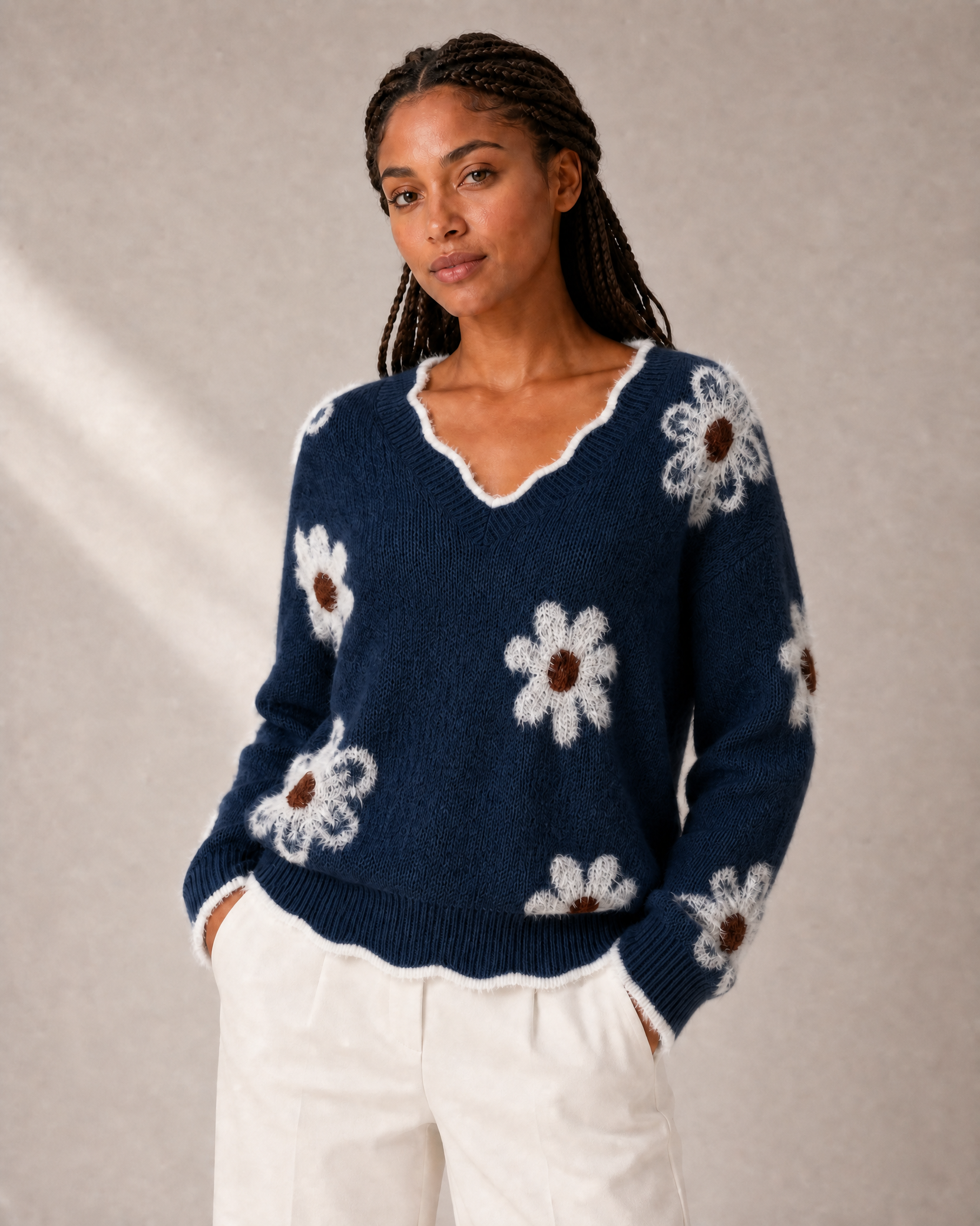 Women's Floral-Appliqué V-Neck Knit Sweater in Dark Blue