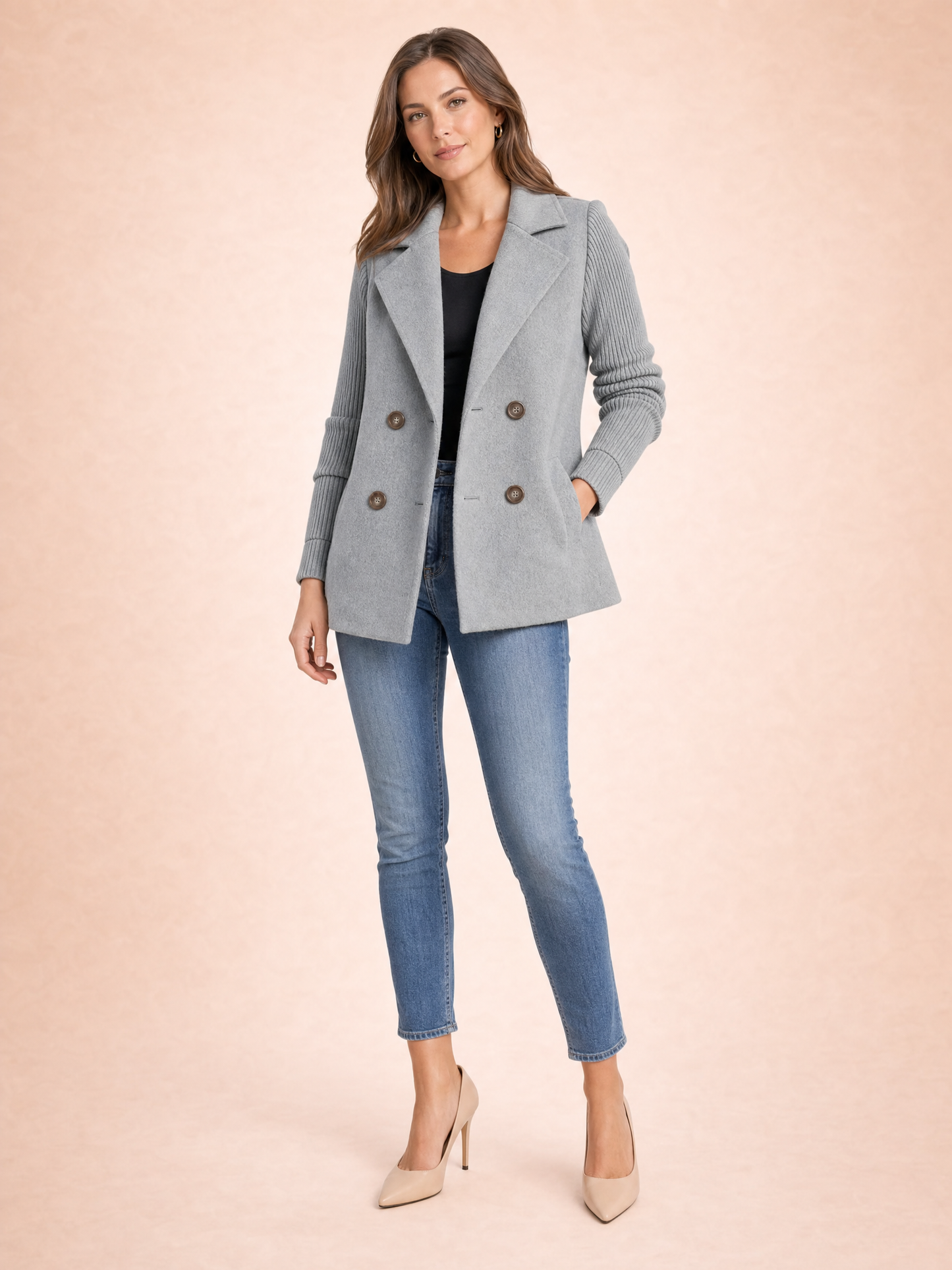 Corvalie Women's Ribbed Knit Lapel Blazer Coat in Grey, XS(UK 8/EU 36)