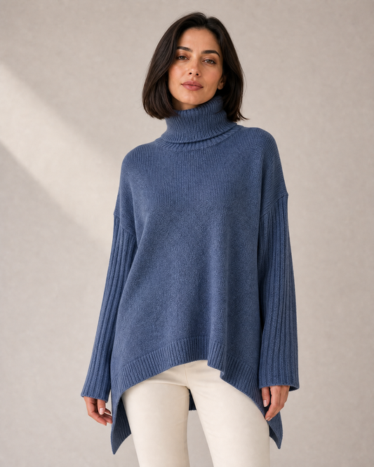 Women's High-Low Oversized Turtleneck Knit Sweater in Blue