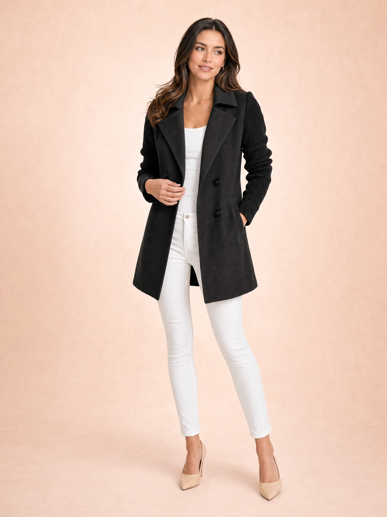 Corvalie Women's Ribbed Knit Lapel Blazer Coat in Black, XS(UK 8/EU 36)
