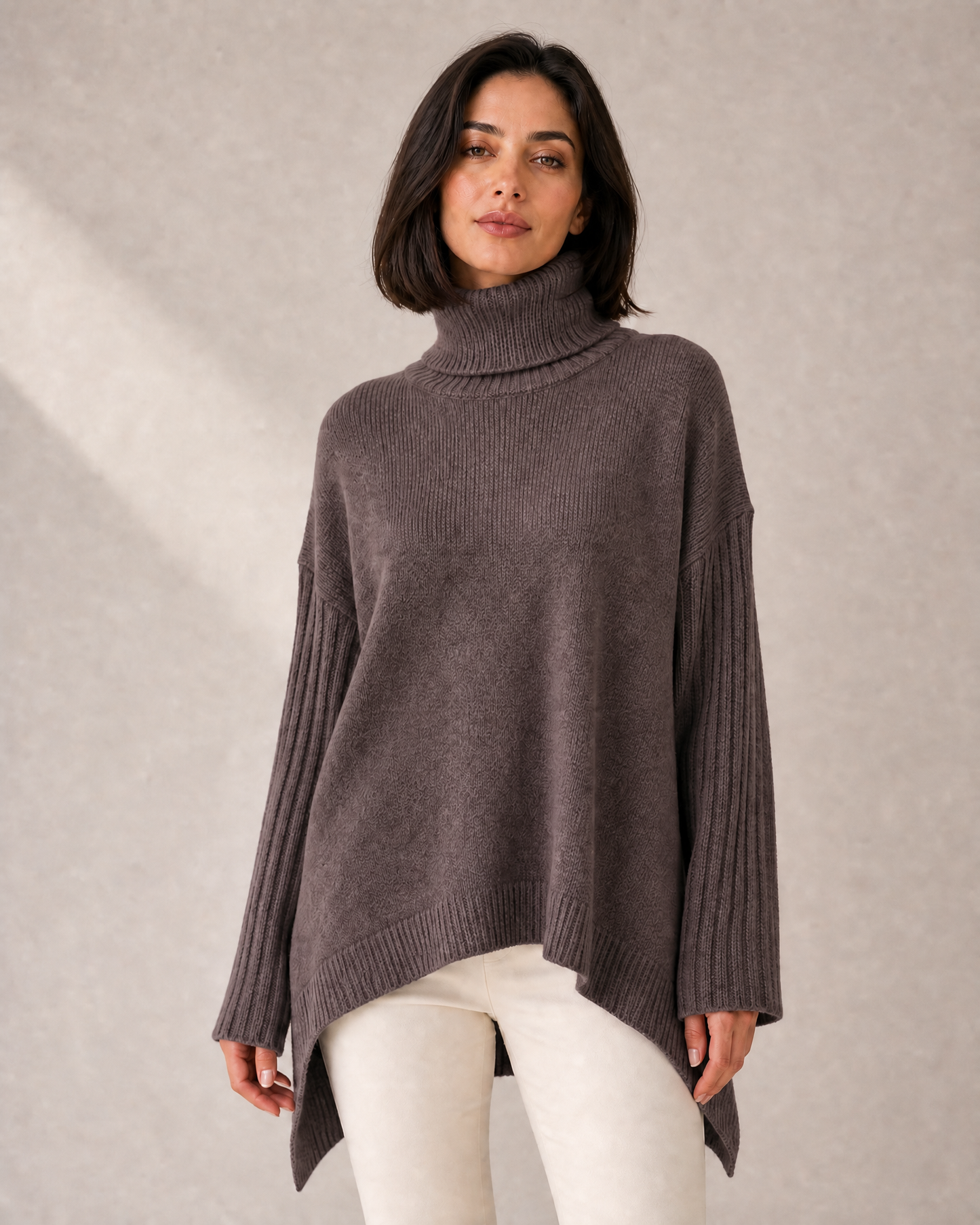 Women's High-Low Oversized Turtleneck Knit Sweater in Brown