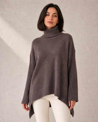 Women's High-Low Oversized Turtleneck Knit Sweater in Brown