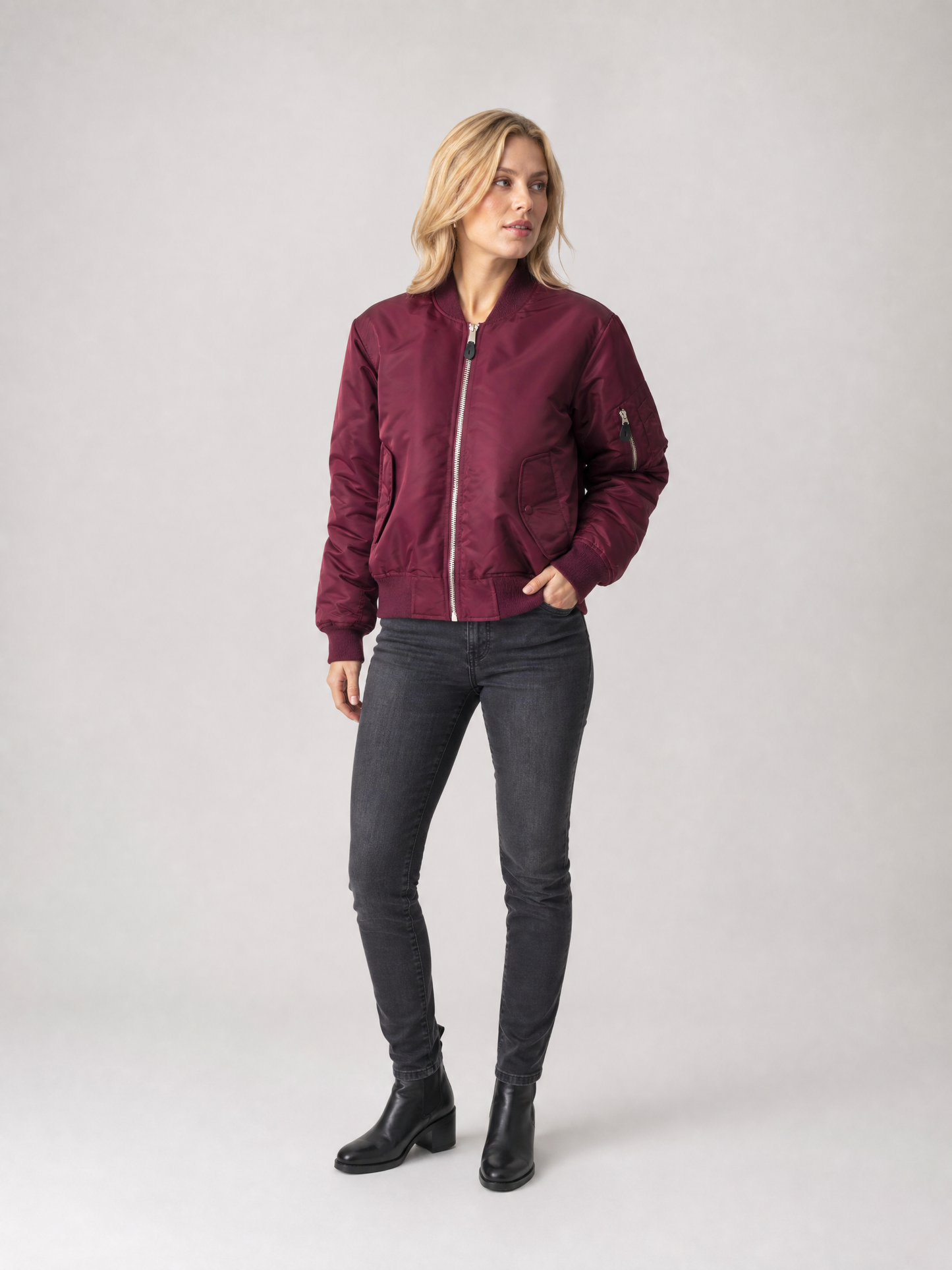 Women's Zip-Front Ribbed Bomber Jacket in Bordeaux