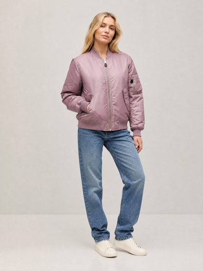 Women's Zip-Front Ribbed Bomber Jacket in Pink