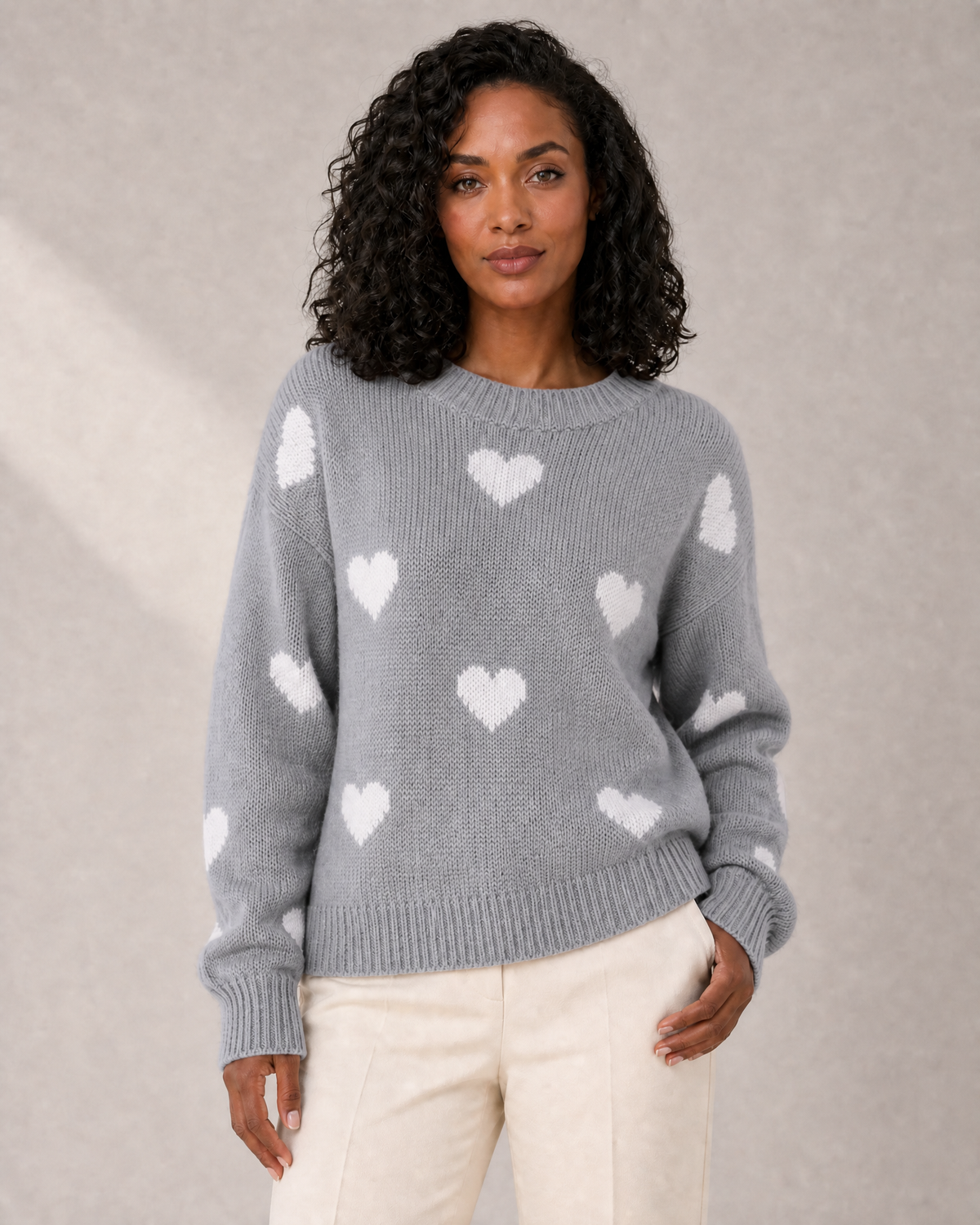 Women's Heart-Motif Crew-Neck Knit Sweater in Gray