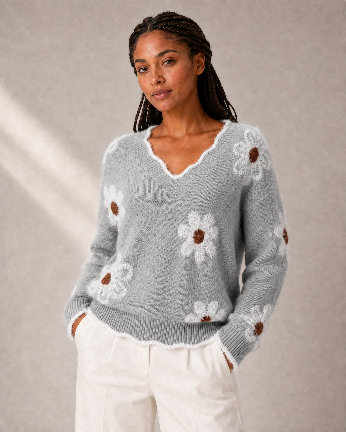 Women's Floral-Appliqué V-Neck Knit Sweater in Gray