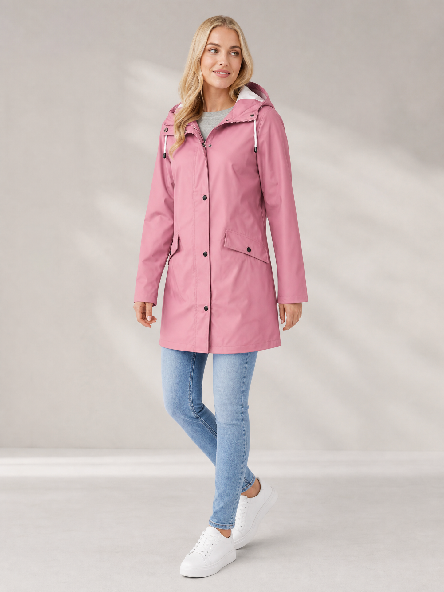 Women's Hooded Mid-Thigh Weatherproof Rain Jacket in Pink