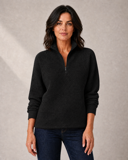 Women's Textured-Rib Half-Zip Knit Sweater in Black