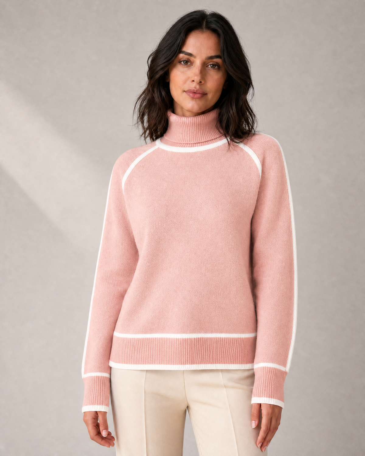 Women's Contrast-Piped Roll-Neck Knit Sweater in Pink