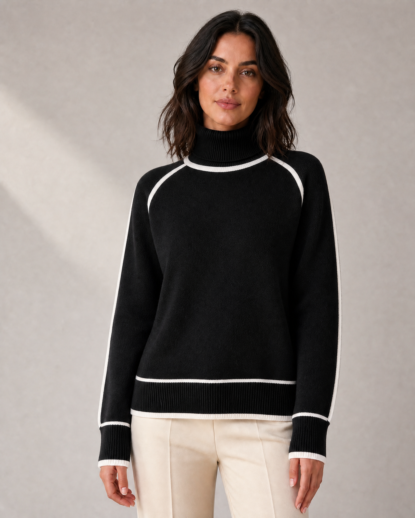Women's Contrast-Piped Roll-Neck Knit Sweater in Black