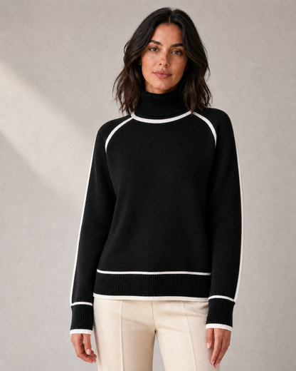 Women's Contrast-Piped Roll-Neck Knit Sweater in Black