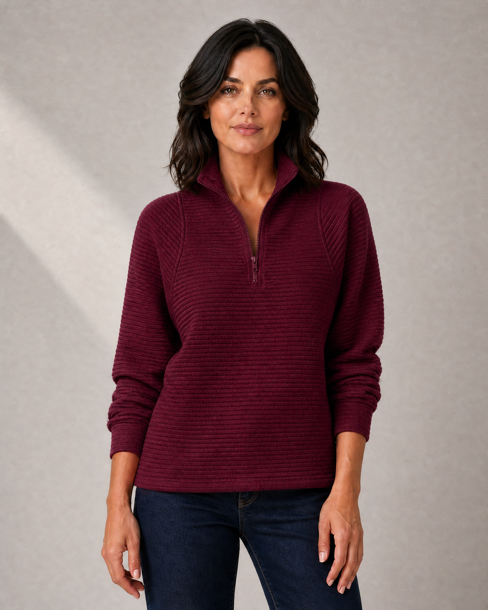 Women's Textured-Rib Half-Zip Knit Sweater in Burgundy