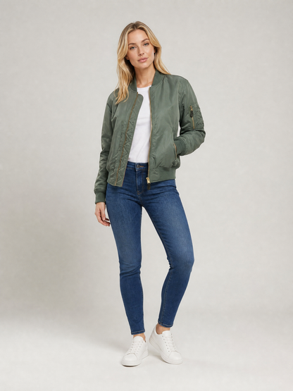 Women's Zip-Front Ribbed Bomber Jacket in Green