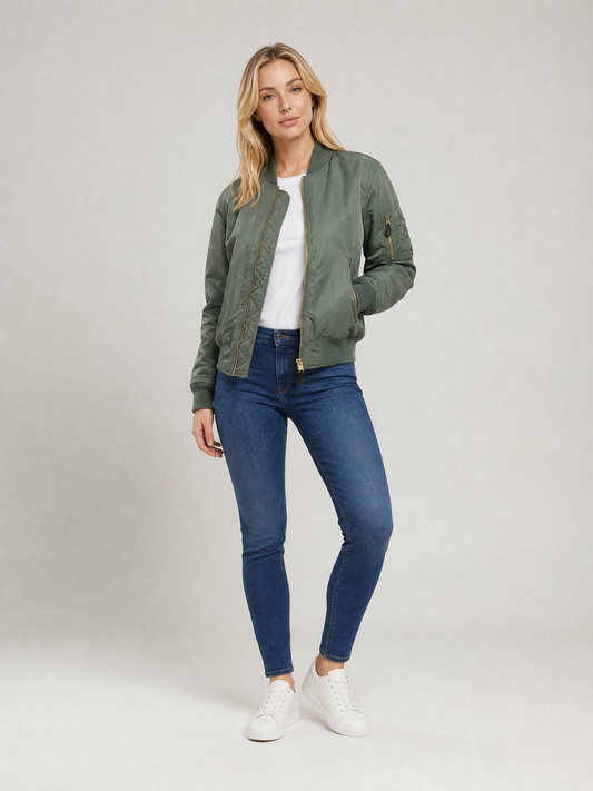 Women's Zip-Front Ribbed Bomber Jacket in Green