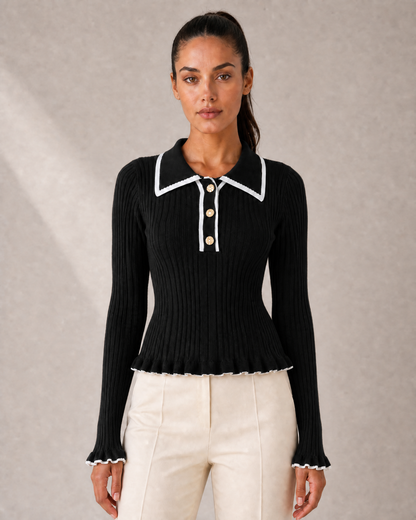 Women's Ribbed Polo Knit Top with Gold-Tone Buttons in Black