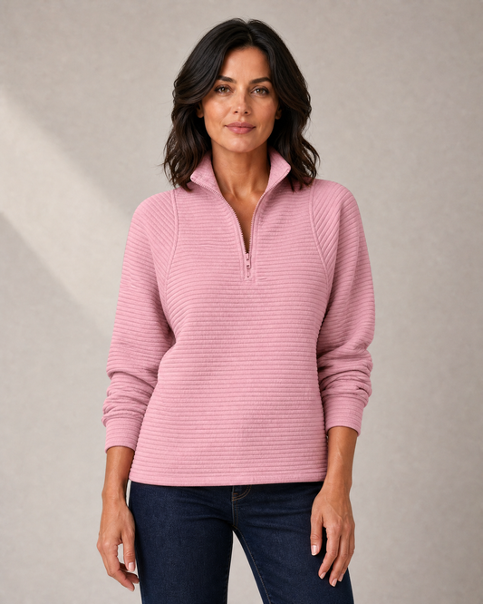 Women's Textured-Rib Half-Zip Knit Sweater in Pink