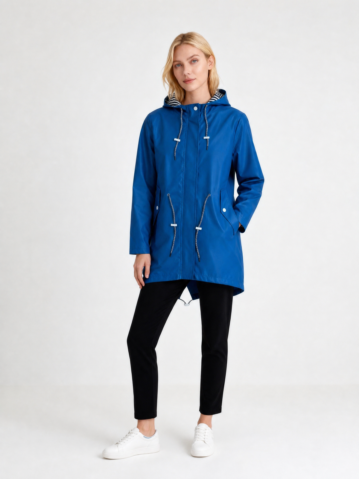 Women's Loose-Fit Hooded Fishtail Rain Coat in Blue
