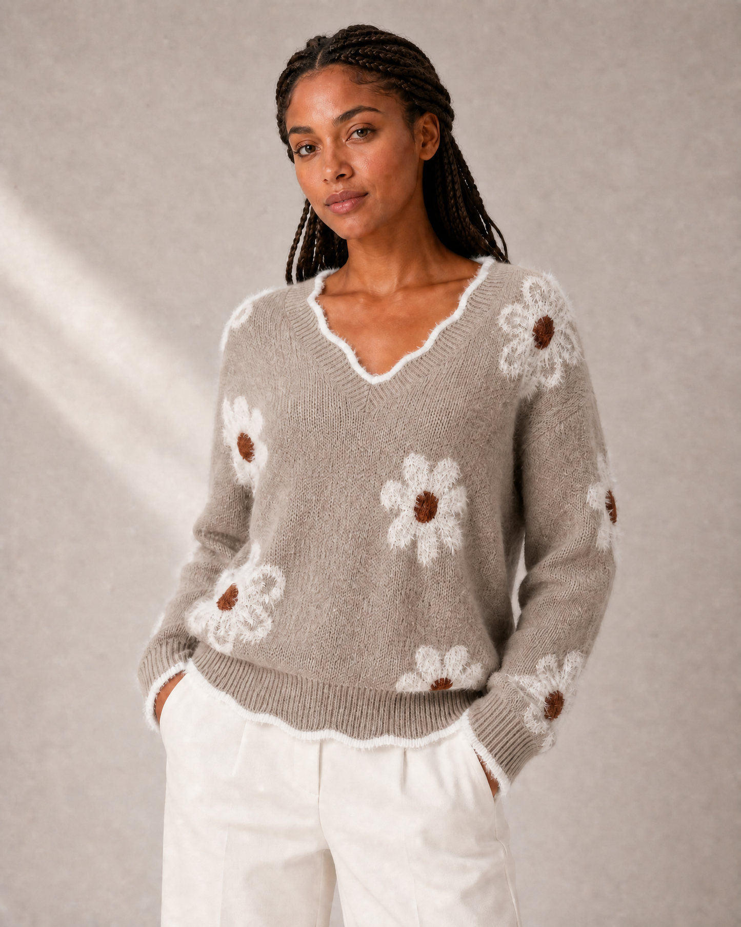 Women's Floral-Appliqué V-Neck Knit Sweater in Khaki