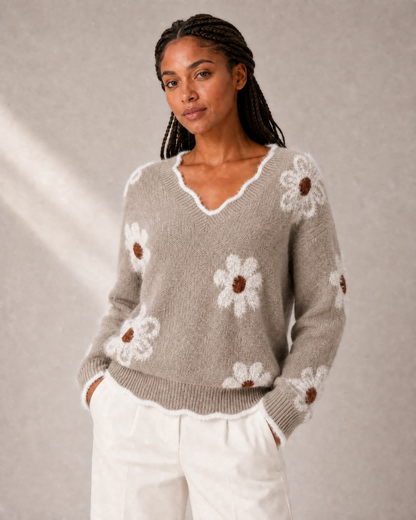 Women's Floral-Appliqué V-Neck Knit Sweater in Khaki