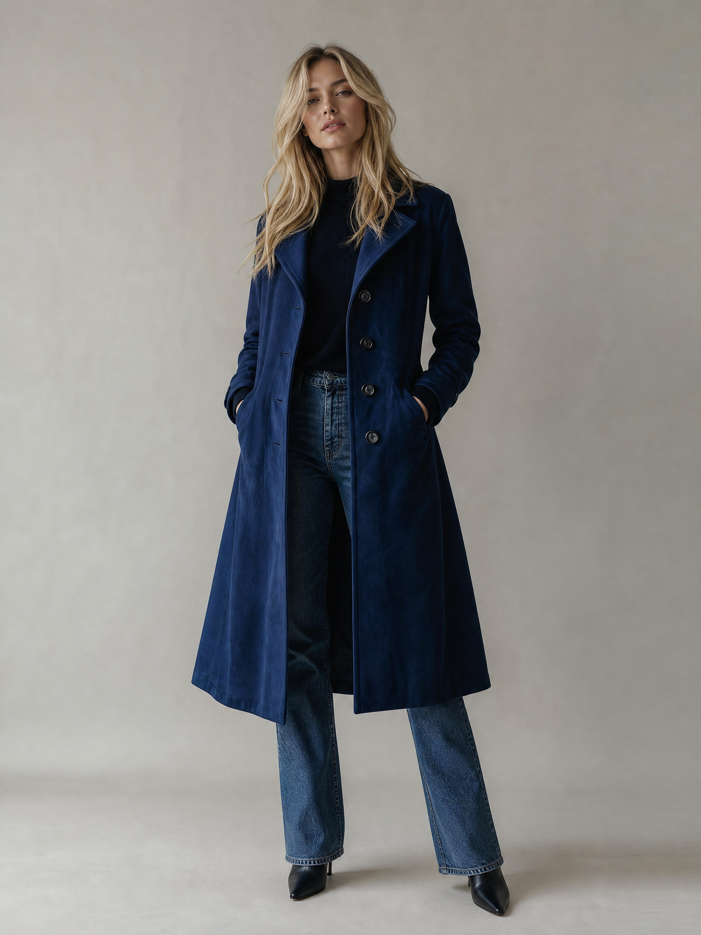 Women's Double-Breasted Longline Trench Coat in Dark Blue