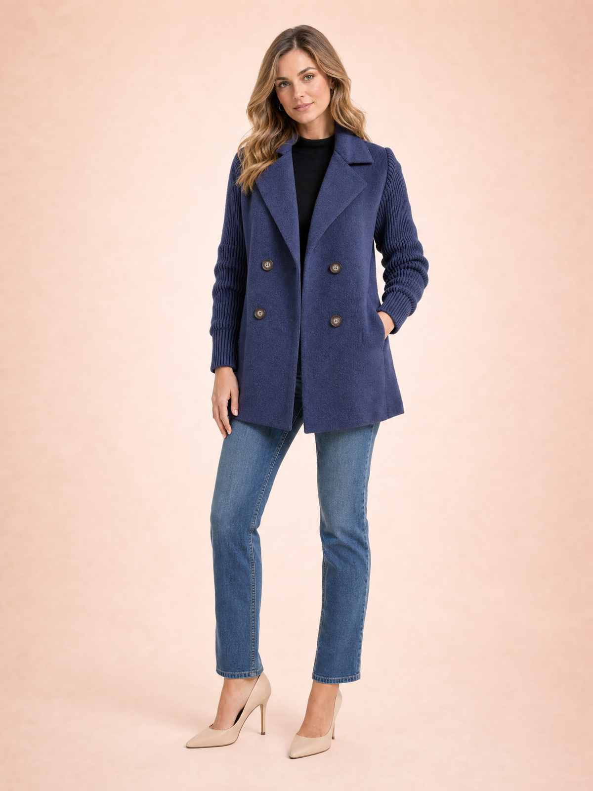 Corvalie Women's Ribbed Knit Lapel Blazer Coat in Blue, XS(UK 8/EU 36)