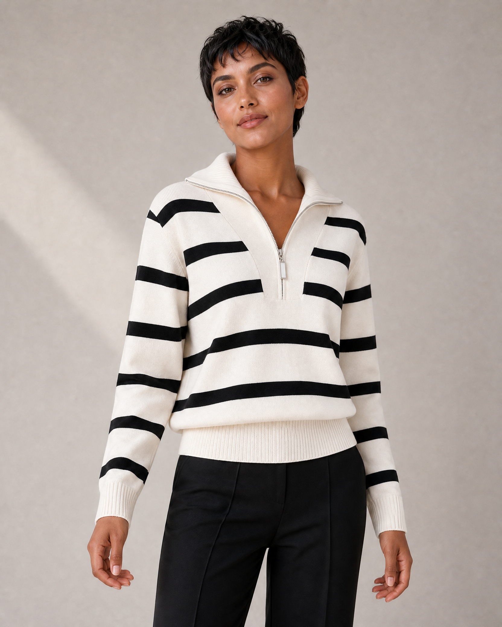 Women's Striped Half-Zip High-Collar Knit Sweater in Cream