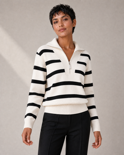 Women's Striped Half-Zip High-Collar Knit Sweater in Cream